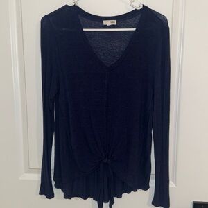 Tie Front Navy V-Neck Top